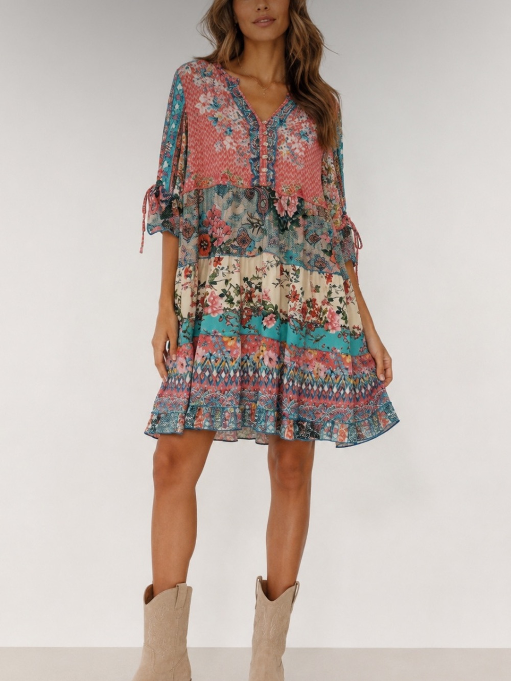 John Mark Small Floral Boho Midi Dress Tiered Colorful Mixed Pattern V-neck